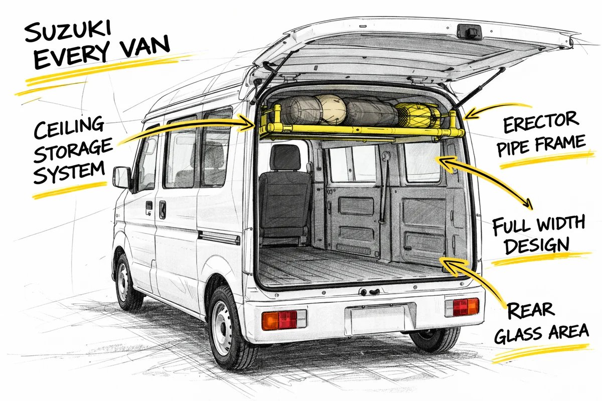 軽バンの天井収納DIY イレクターラックの実例