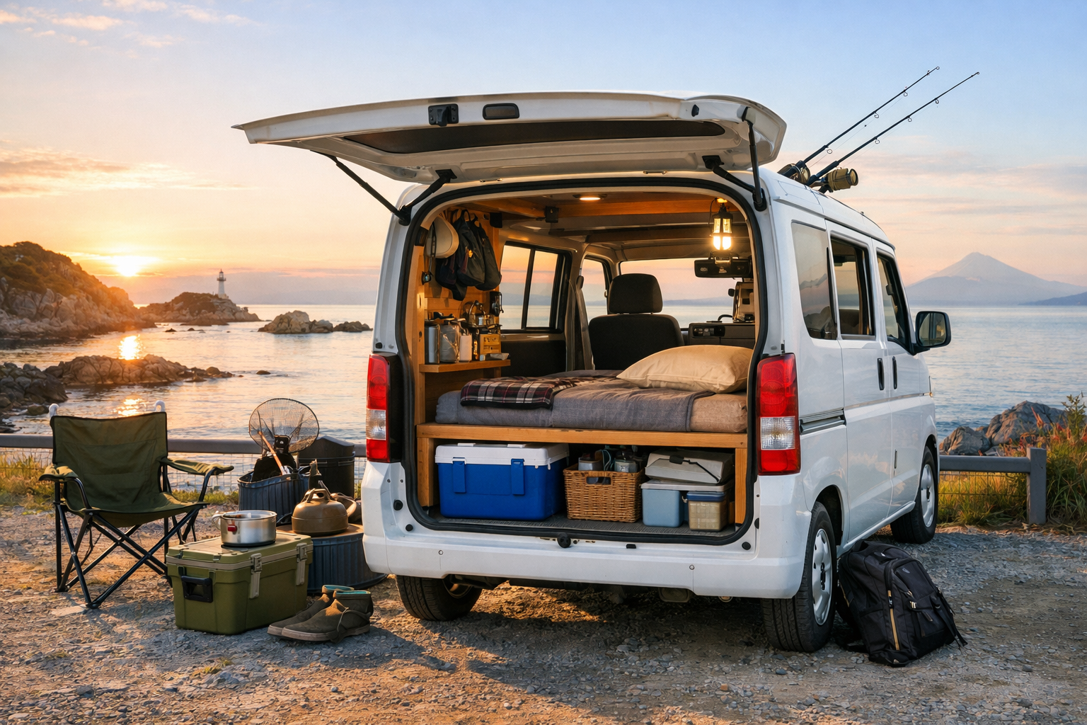 軽バン車中泊レイアウトと釣り旅DIYベッド