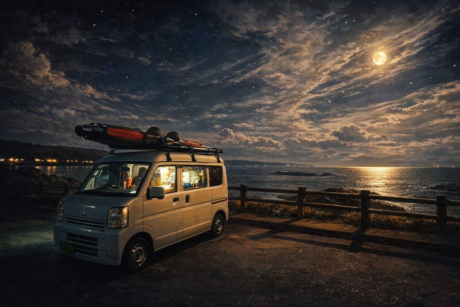 軽バン車中泊と海の夜景 月明かりの釣り旅シーン