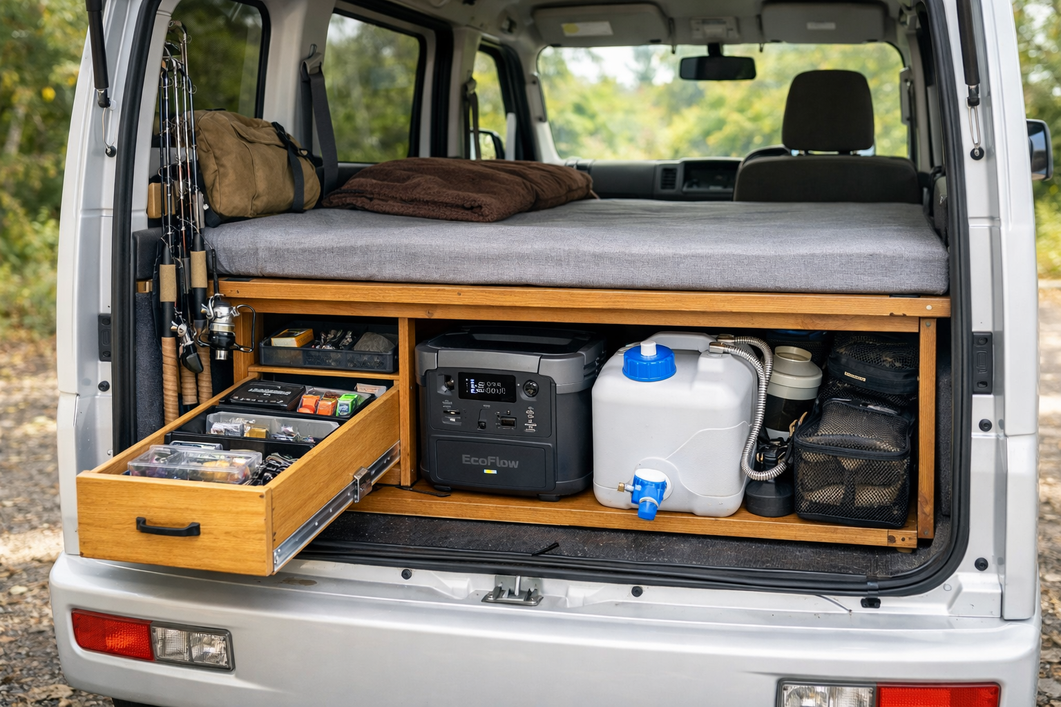 軽バン車中泊のベッド下収納と引き出し配置