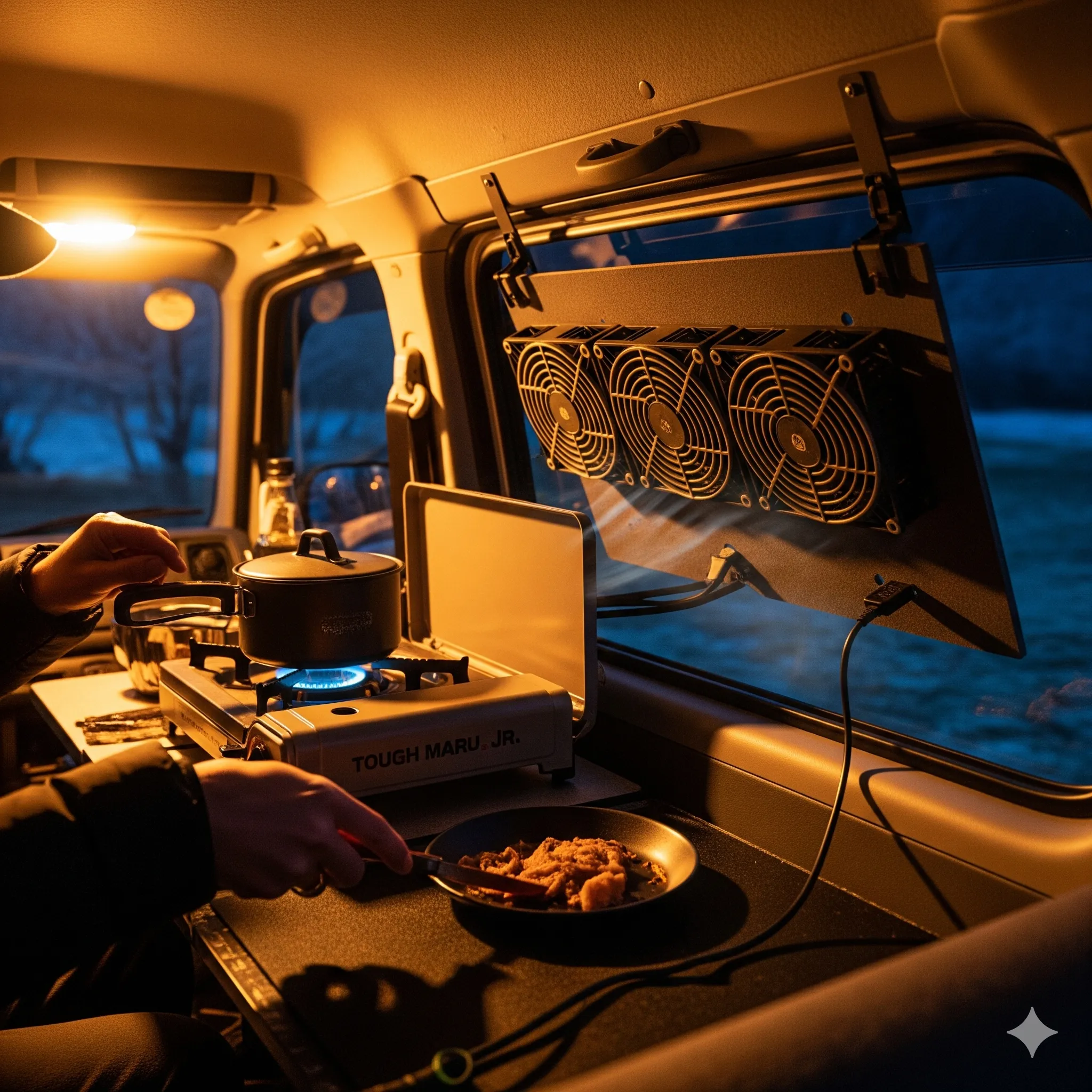 軽バン車中泊でUSBファンを使った換気の様子