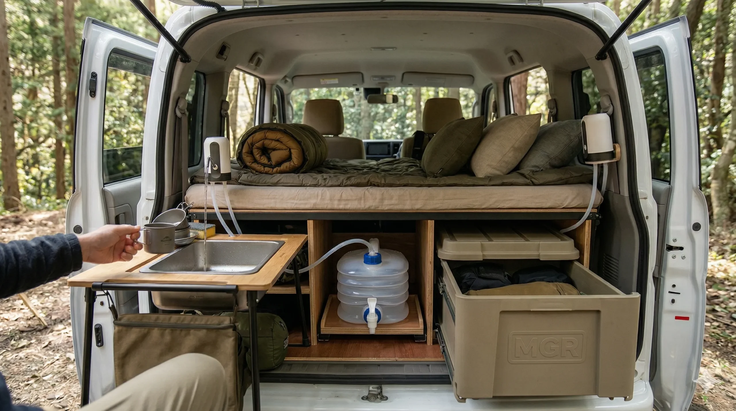 軽バン車中泊の給排水システムDIYの様子