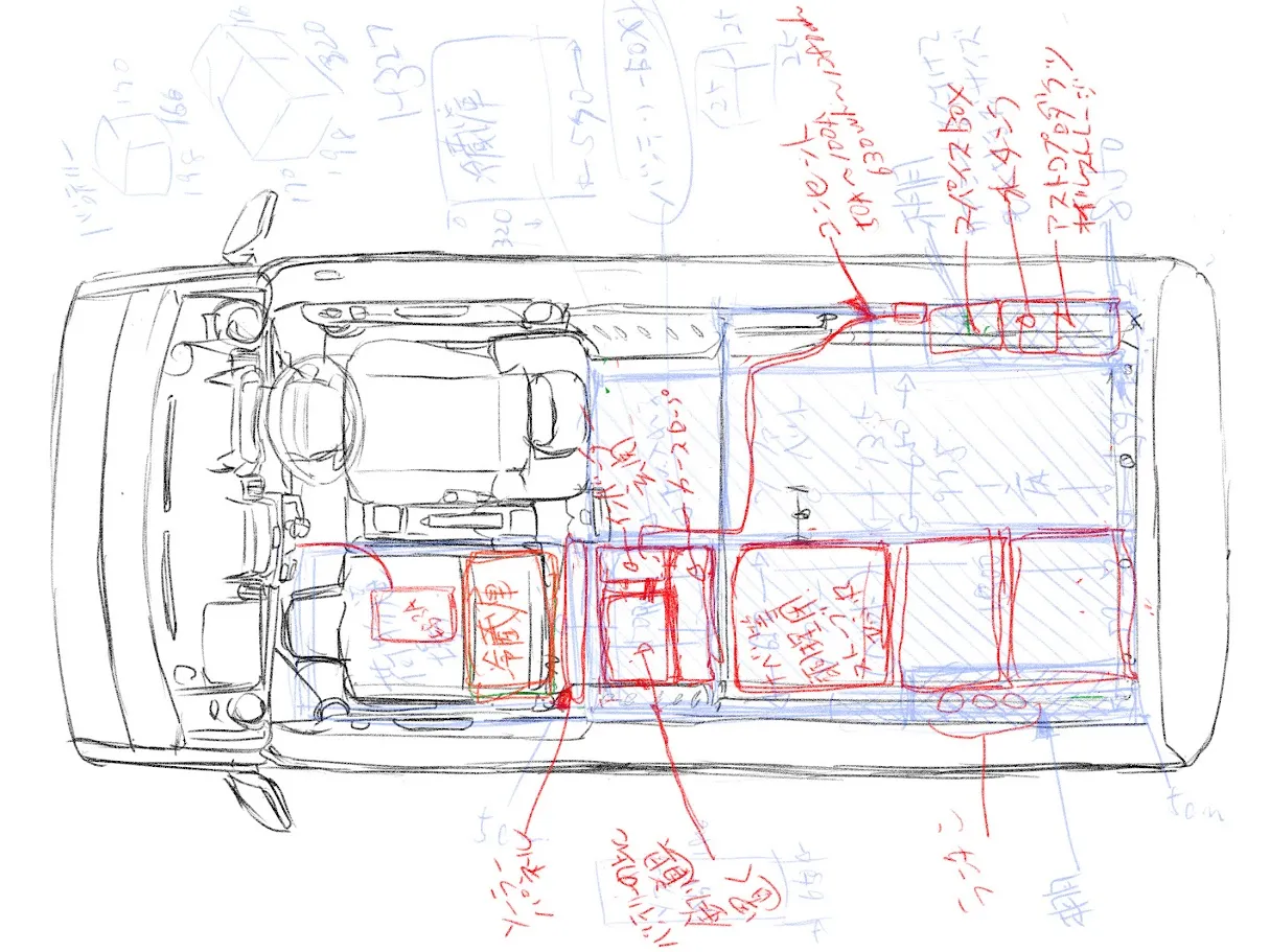軽バン車中泊の収納レイアウトを考えるためのイメージ図