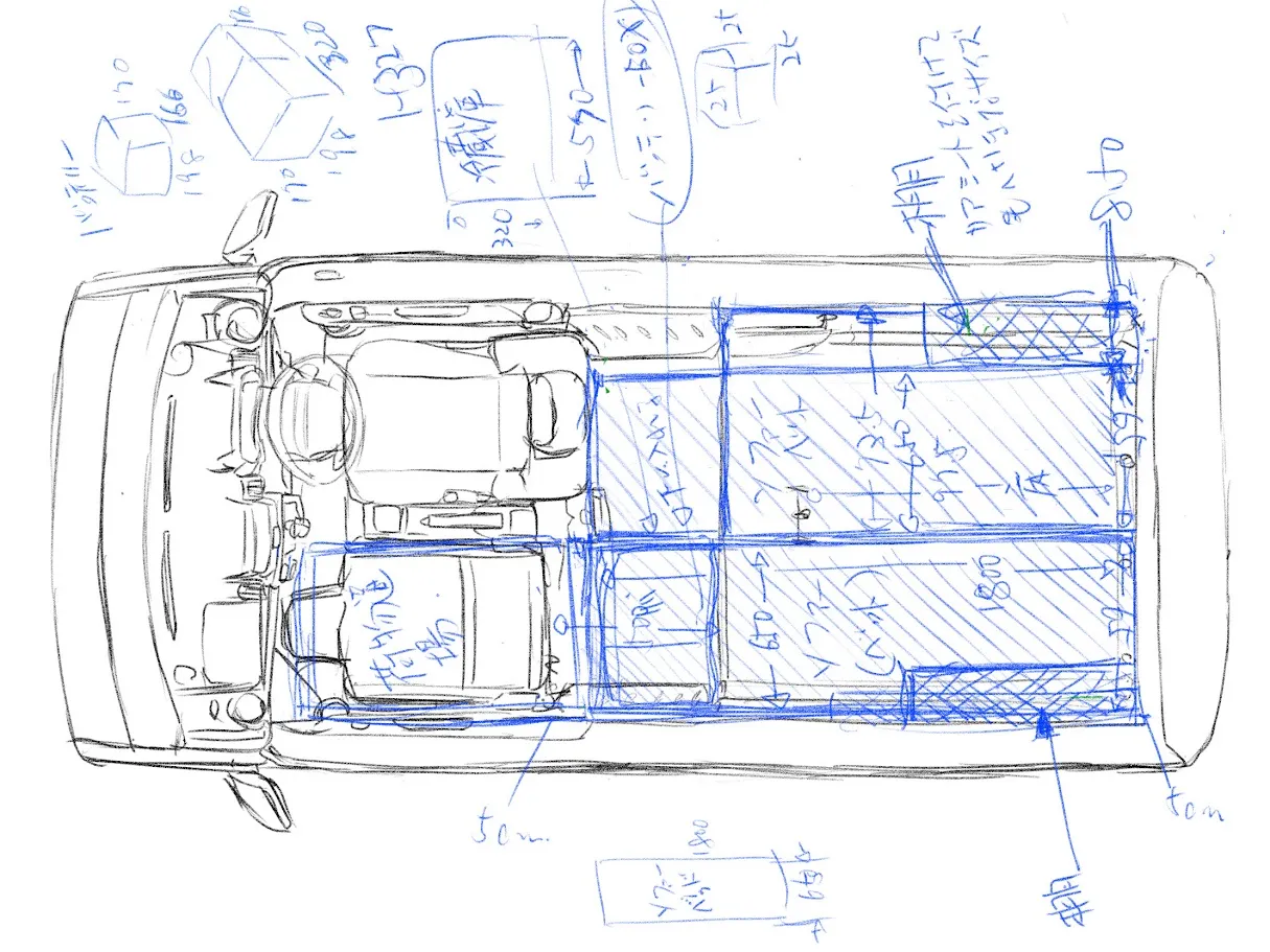 軽バン 車中泊 レイアウト 設計図 ベッド収納 配置イメージ