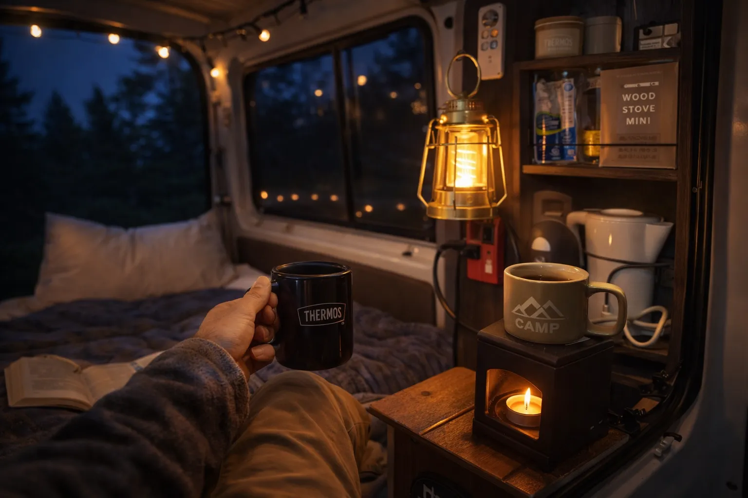 軽バン車中泊の夜、LED照明で快適に過ごす車内空間