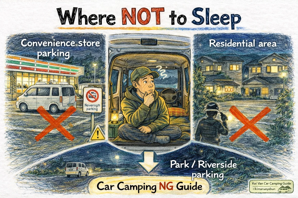 車中泊でやってはいけない場所（コンビニ・住宅地など）のイラスト