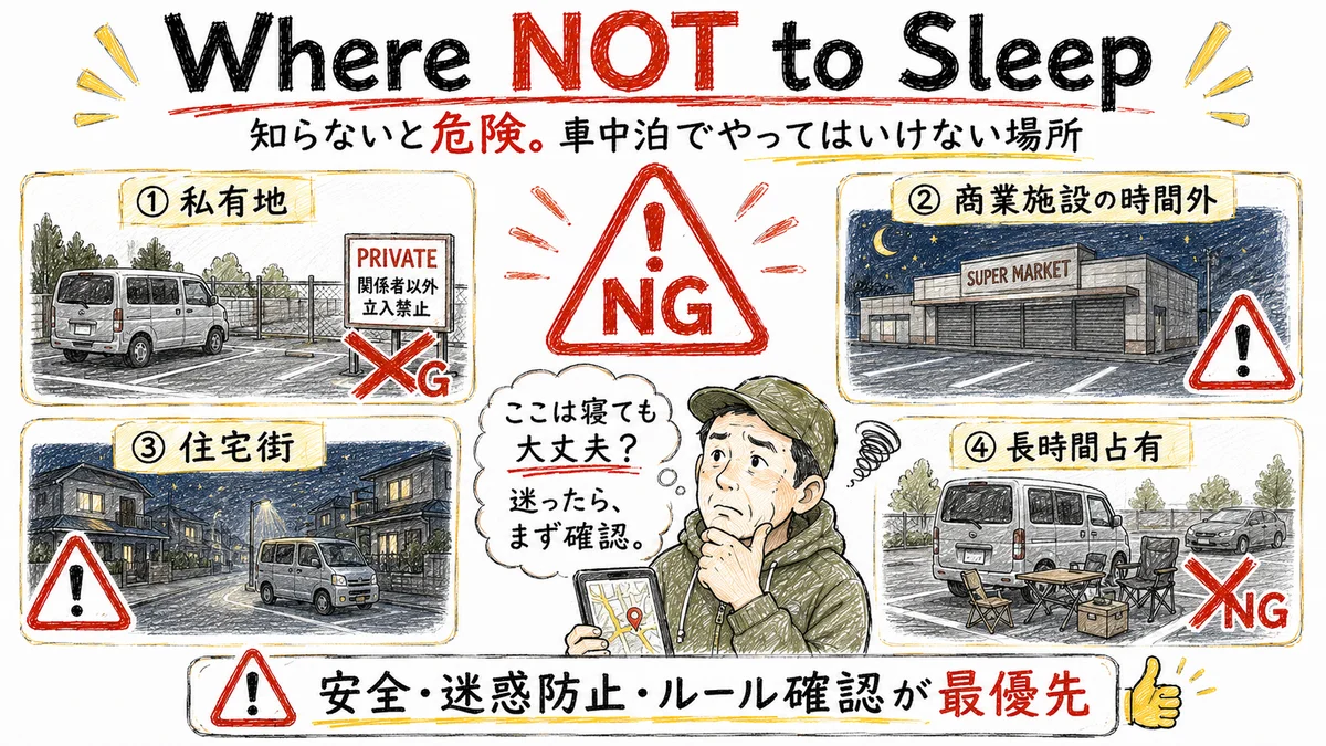 車中泊でやってはいけない場所として、私有地・商業施設の時間外・住宅街・長時間占有を警告形式でまとめた手描き図解