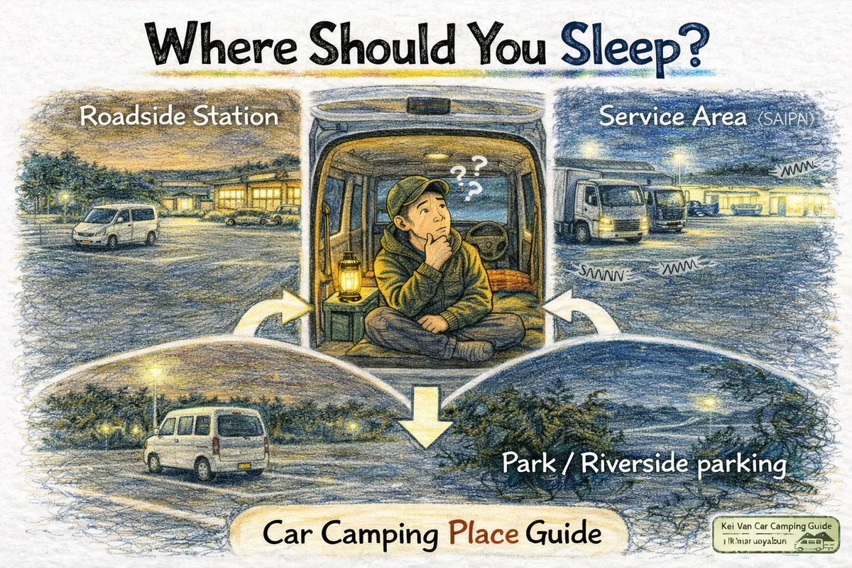 車中泊でやってはいけない場所（コンビニ・住宅地など）のイラスト
