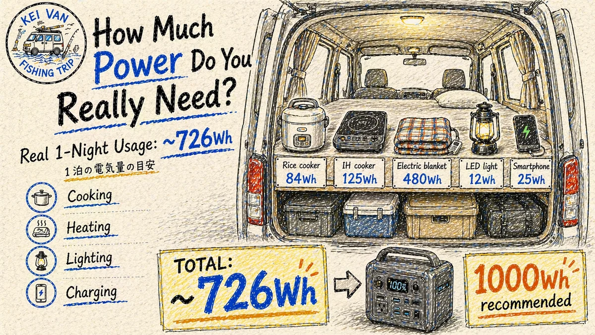 軽バン車中泊の1泊電気使用量 約726Whの実例と1000Whポータブル電源の必要性