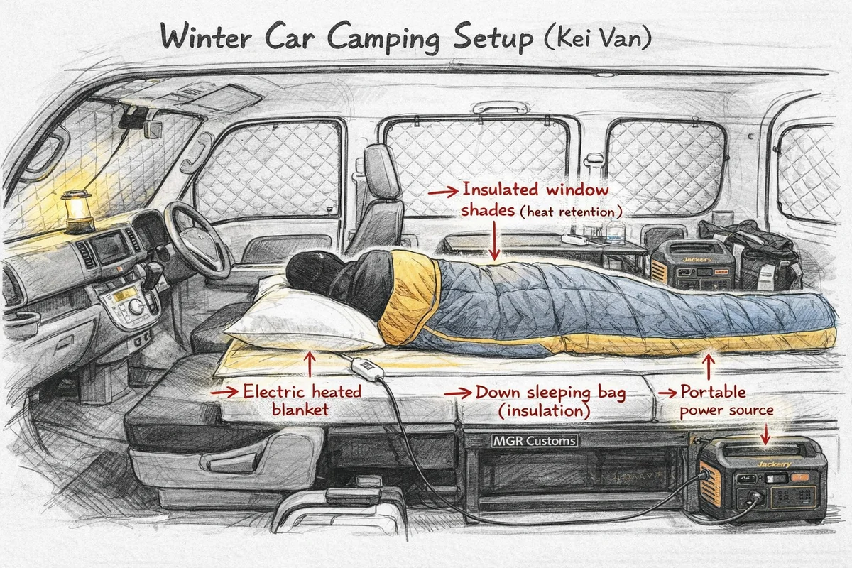 軽バン車中泊 冬 暖房 マイ暖 電気毛布 FFヒーター