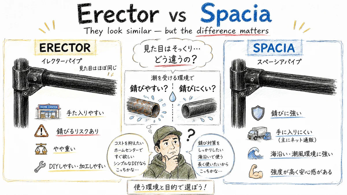 イレクターパイプとスペーシアパイプの違いを、錆びやすさ・潮風への強さ・入手性で比較した軽バンDIY向けの手描き図解