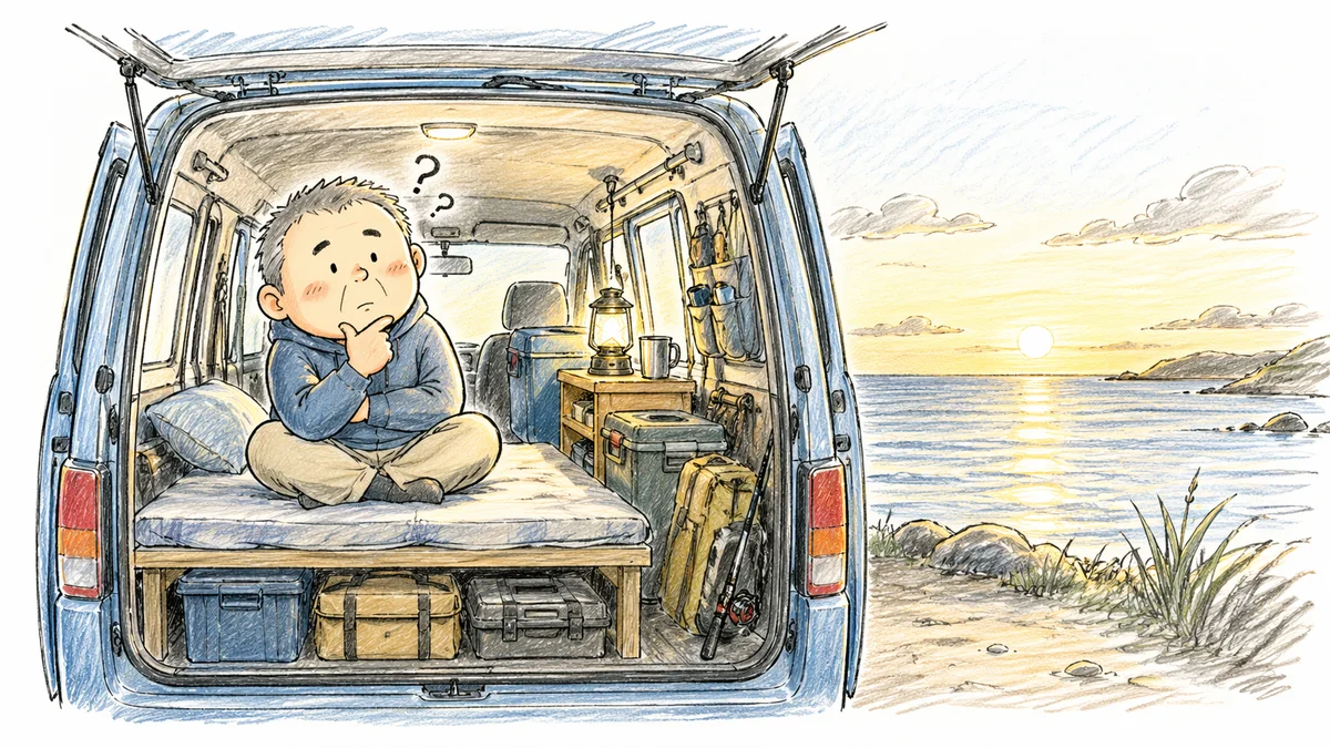 軽バン車中泊のDIYベッドと海辺での車中泊イメージ