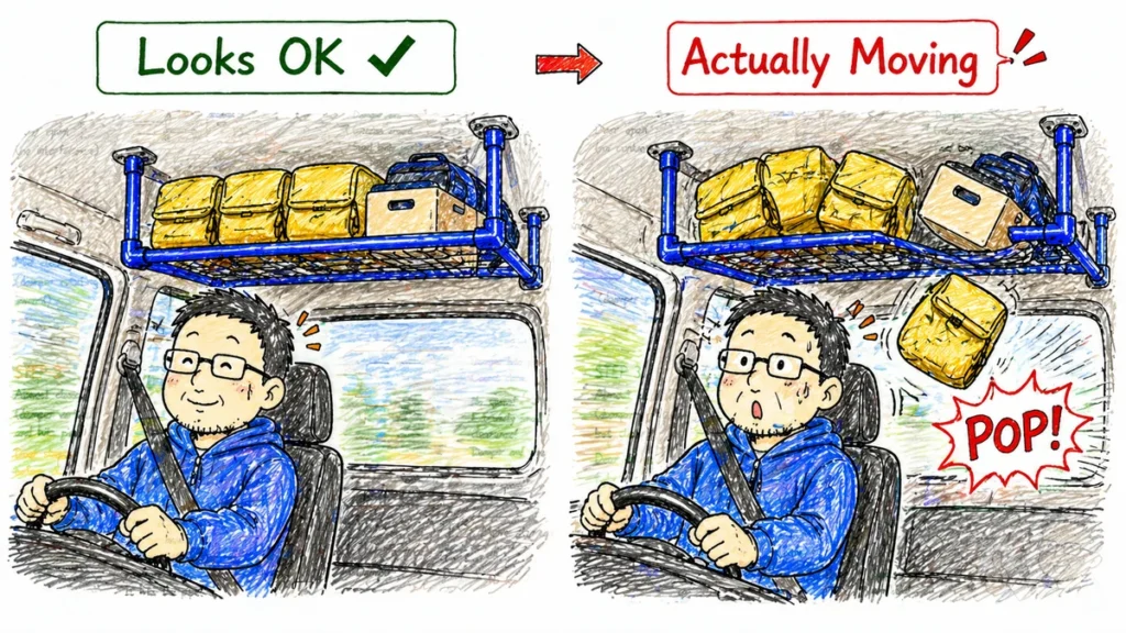 軽バンの天井収納に積んだ荷物が走行中の振動で崩れて落ちる様子。静止時は問題なく見えても実際には動いていることを示す図