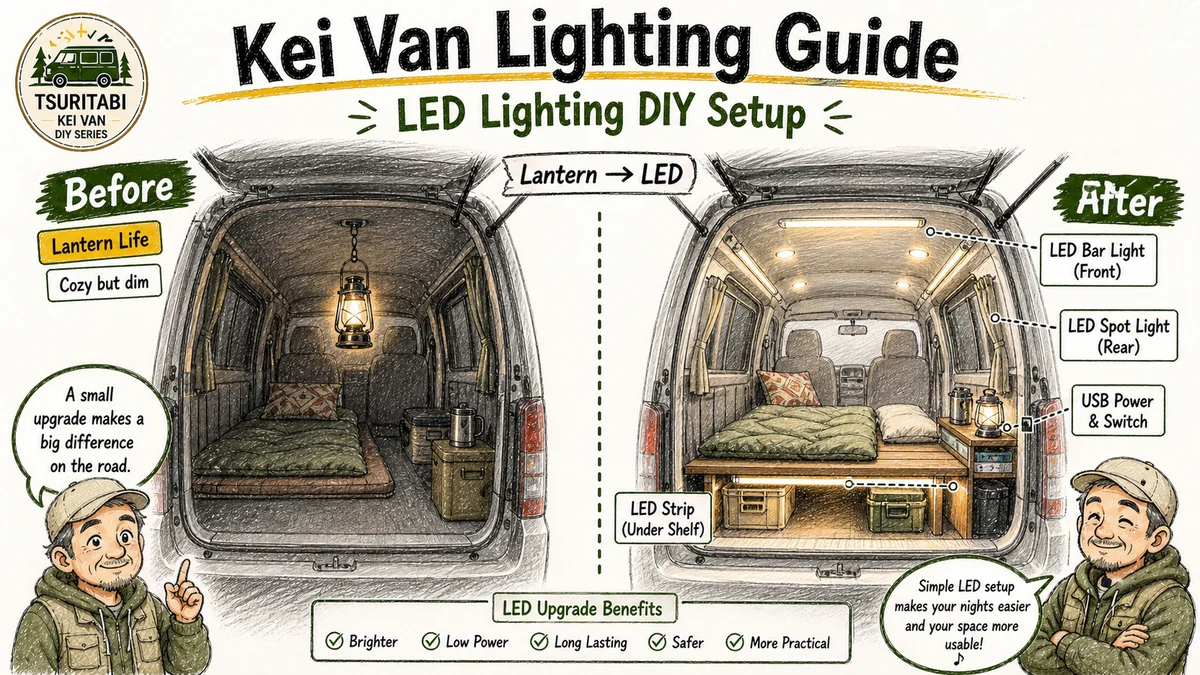 軽バン車中泊の照明DIYとして、ランタン中心の暗い車内からLEDバーライト・スポットライト・ベッド下LEDを使った明るい車内へ改善したBefore After図解