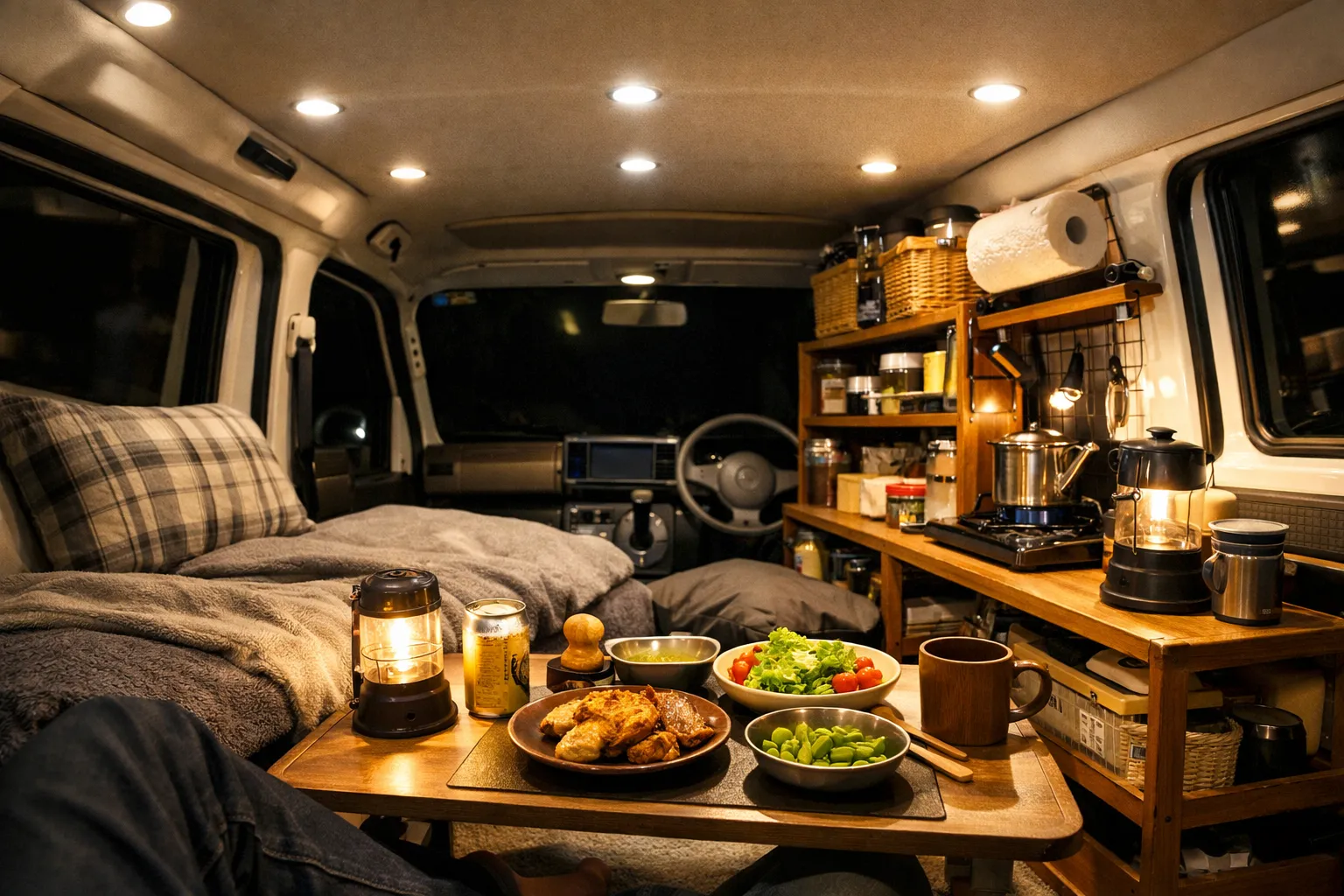 軽バン車中泊のLED照明DIYで明るく快適になった車内空間（ダウンライト設置例）