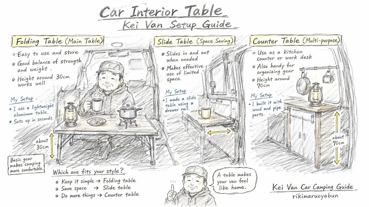 軽バン車中泊テーブルの種類比較イラスト（折りたたみ・スライド・跳ね上げ）