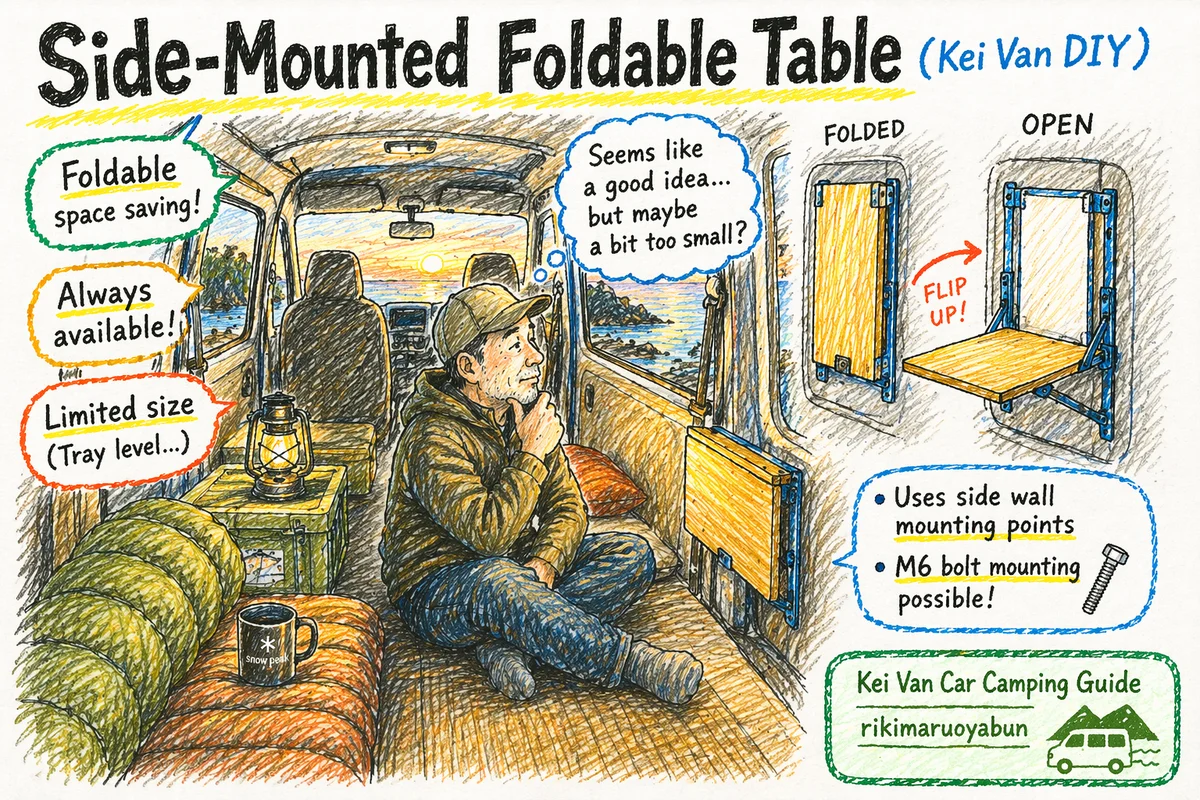 軽バンの側面に取り付けた跳ね上げテーブルのイラスト