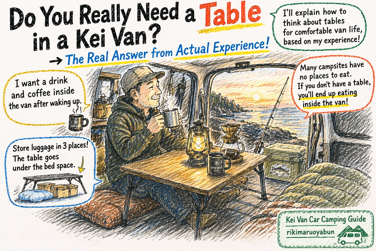 軽バン車中泊の車内テーブルレイアウト比較イラスト
