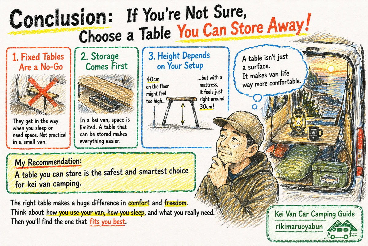 軽バン車中泊で収納できるテーブルを選ぶポイントをまとめたイラスト
