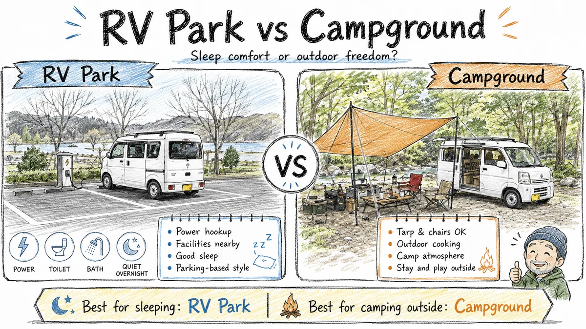 RVパークとキャンプ場の違いを、軽バン車中泊の視点で比較したアイキャッチ画像。RVパークは電源・トイレ・入浴・静かな宿泊、キャンプ場はタープ・チェア・外調理・焚き火を図解している。