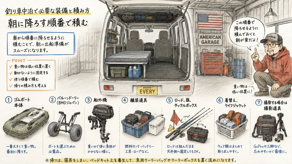 軽バンのリアゲート前にゴムボート、バルーンドーリー、船外機、艤装道具、ロッド、ライフジャケット、撮影道具を朝に降ろす順番で並べた図