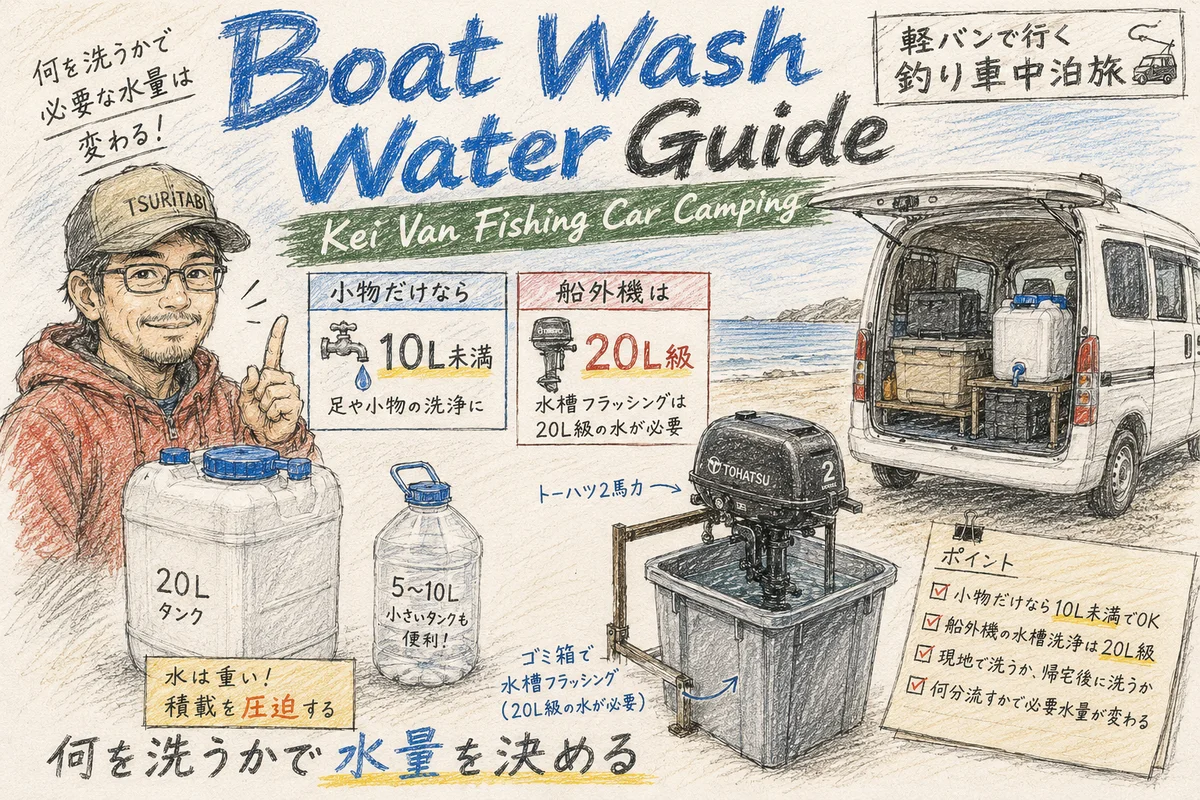 軽バン釣り車中泊でボート釣り後の洗浄水量を比較するアイキャッチ