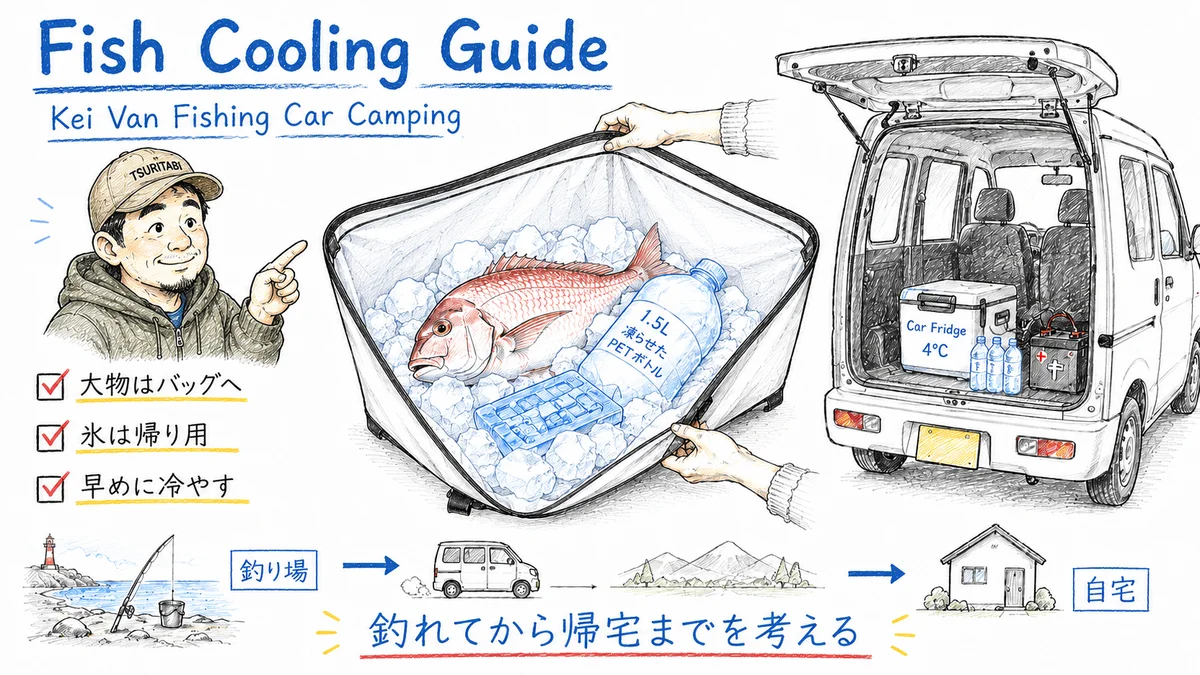 軽バン釣り車中泊で釣った魚を保冷するために、クーラーバッグ・氷・車載冷蔵庫を併用する方法を示した手書き図解