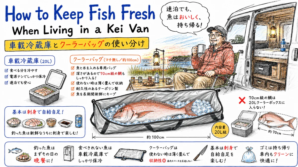 軽バン釣り車中泊で釣った魚を車載冷蔵庫とクーラーバッグで保冷する方法を示した手書きイラスト