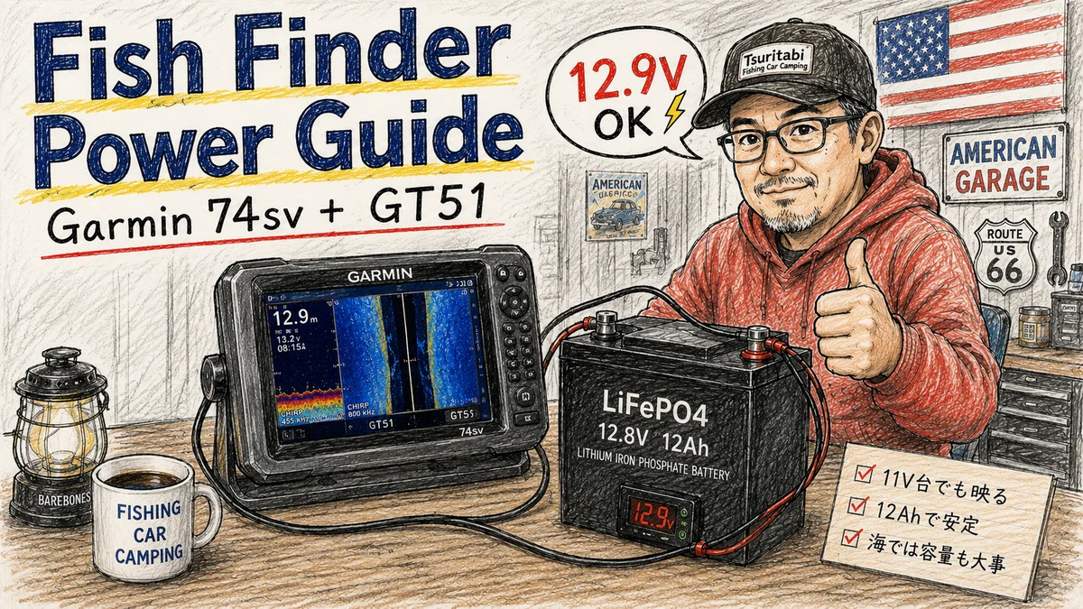 Garmin ECHOMAP Plus 74svとGT51M-TMをLiFePO4 12Ahで動作確認している魚探電源ガイドのアイキャッチ