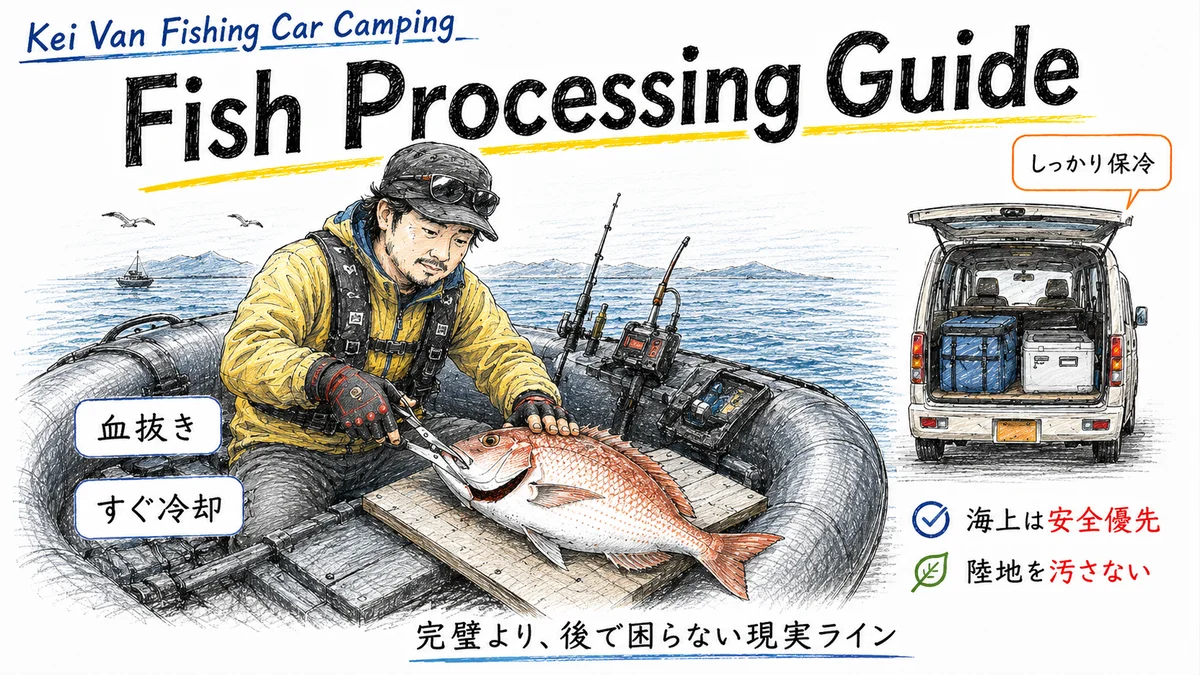 ゴムボート上で釣った真鯛の下処理をして軽バンで保冷して持ち帰る流れ