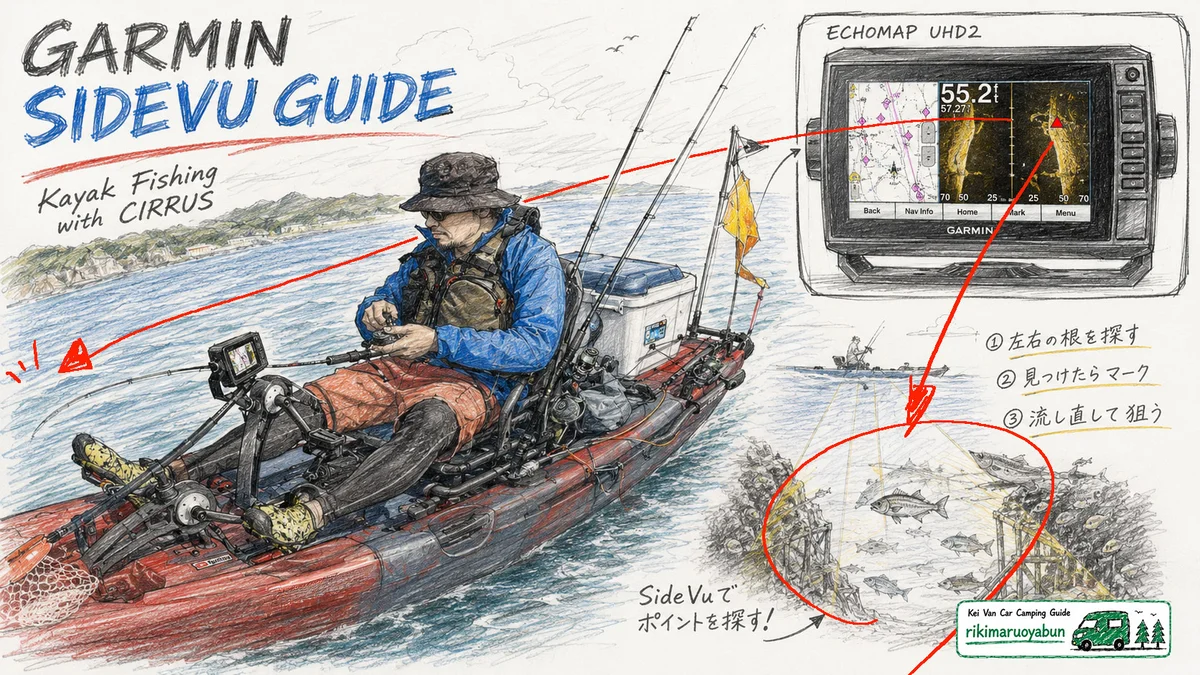 カヤック釣りでGarmin ECHOMAP UHD2のSideVuを見ながら漁礁を探す親分の図