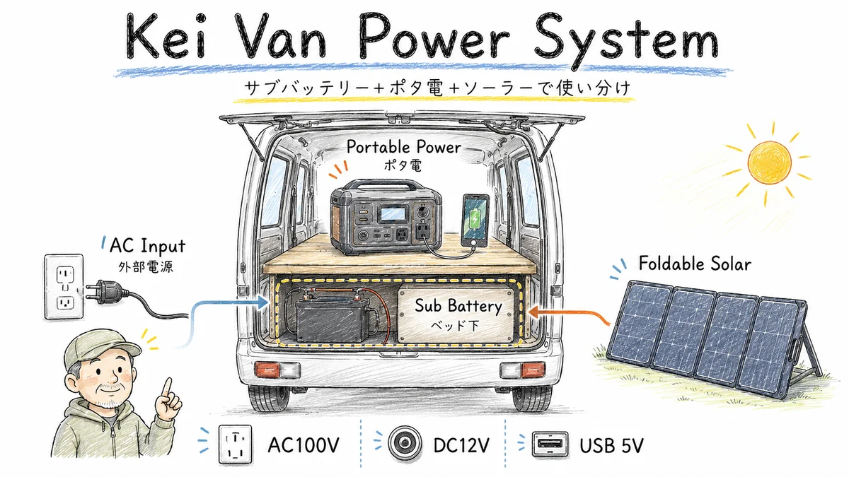 軽バン車中泊で使うサブバッテリー、ポータブル電源、折りたたみソーラー、AC100V・DC12V・USB 5V出力を整理した手描き図解