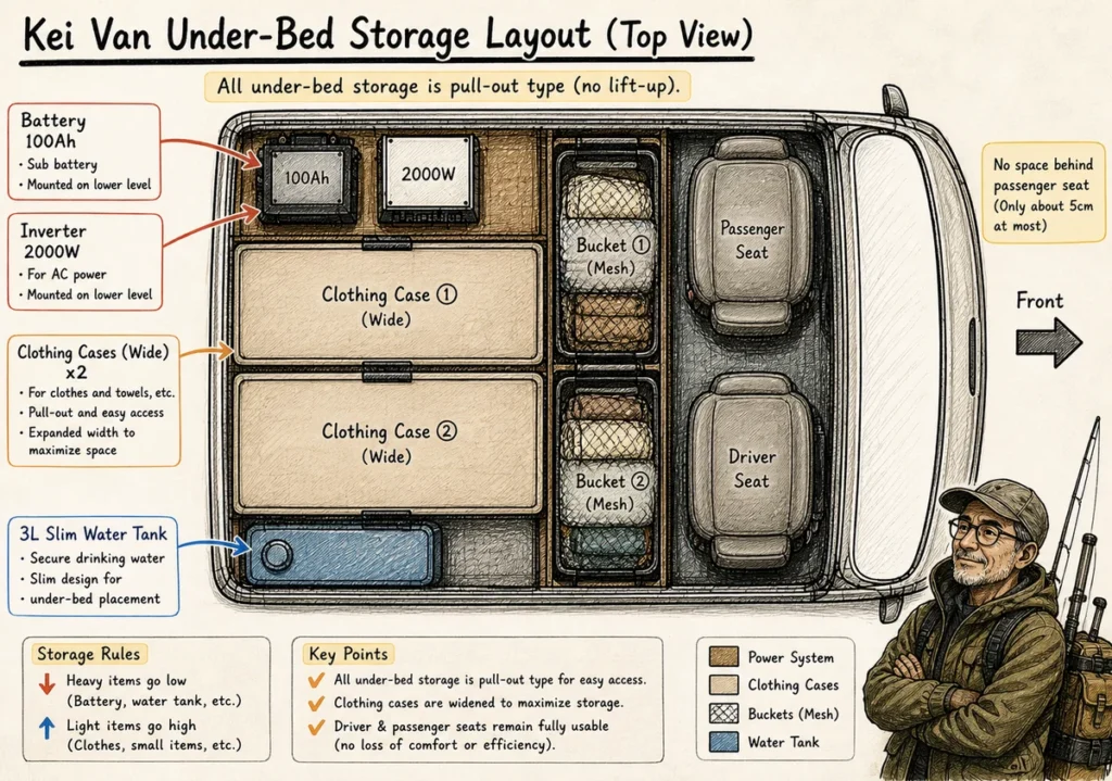 kei van layout under bed storage system