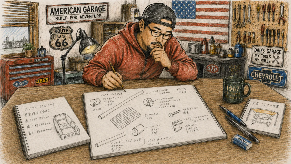 アメリカンガレージで軽バン天井収納ラックの設計を考えているイラスト