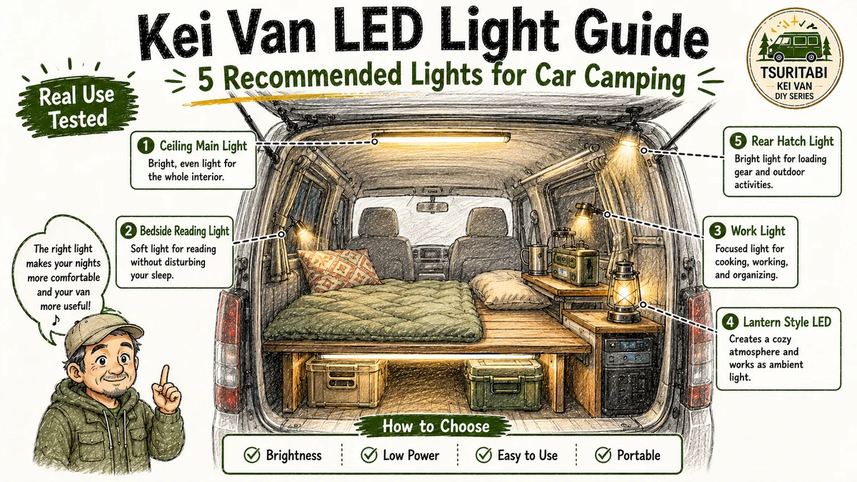 軽バン車中泊で使いやすいLED照明を5種類に分けて、天井灯、読書灯、作業灯、ランタン風LED、リアハッチ灯の使い分けを図解したアイキャッチ画像