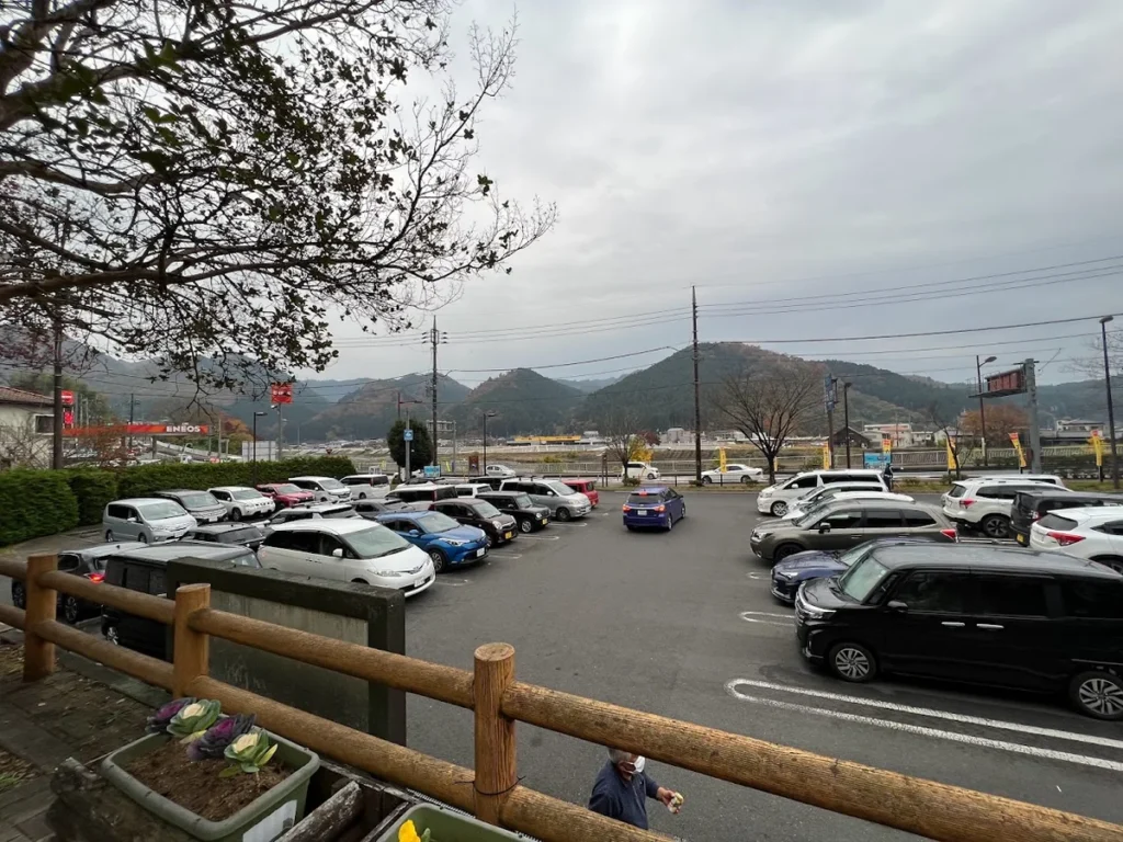 道の駅の駐車場に多くの車が停まっている様子。便利だが利用者が多く、車中泊では音に注意が必要な例。