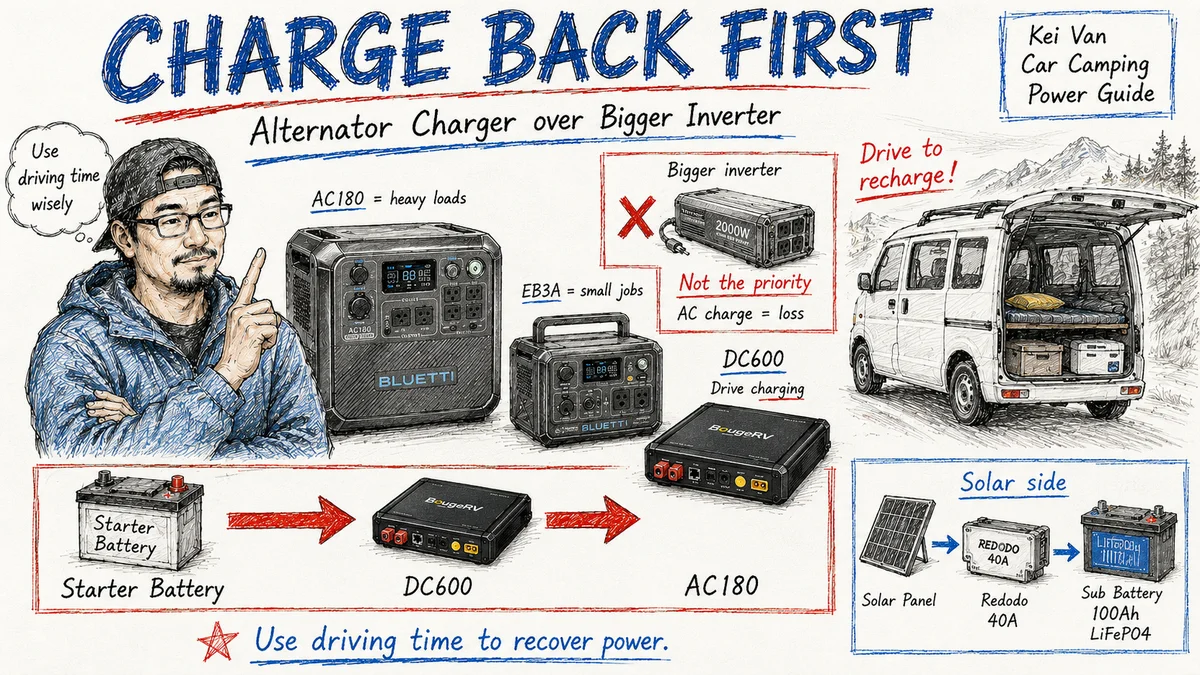 軽バン走行充電で車両バッテリーからBougeRV DC600を通してAC180へ戻す流れを示したアイキャッチイラスト