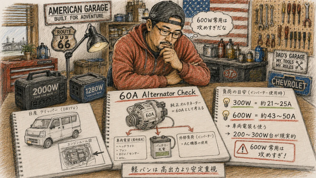 アメリカンガレージで親分がクリッパーの60Aオルタネーターを前提に、300Wと600Wの走行充電負荷を比較しているスケッチ風イラスト