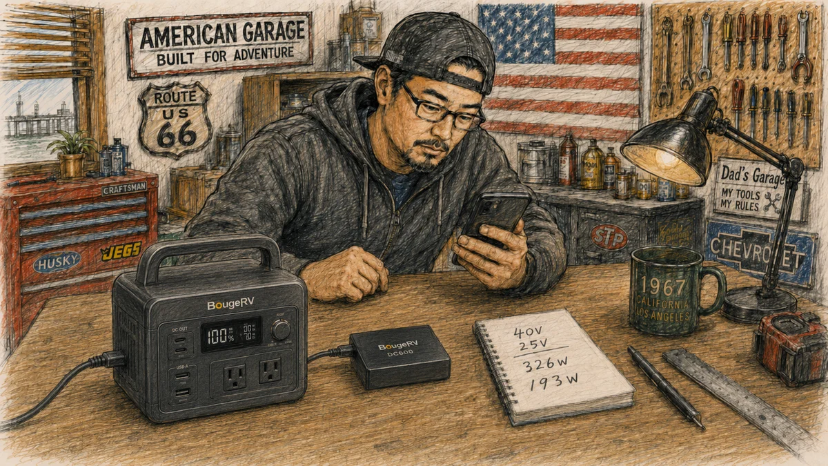 車両バッテリーからBougeRV DC600へ入力し、DC600の出力からAC180のPV入力へ接続する流れを示した手描きスケッチ風の接続構成図