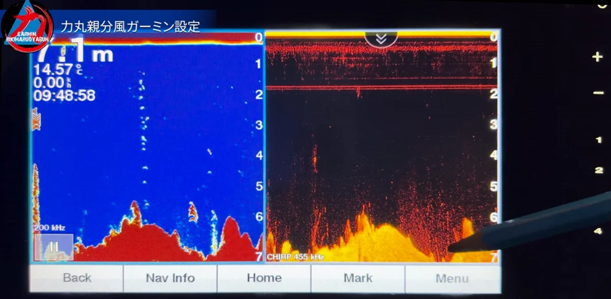 Garmin魚探の通常魚探とクリアビューで魚の反応と海藻を見比べる画面
