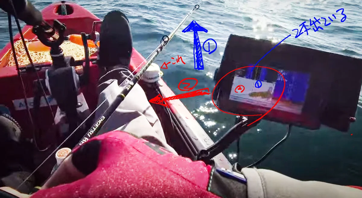 Garmin魚探でヘディングセンサーによりカヤックの船首方向と実際の流れを確認している画面