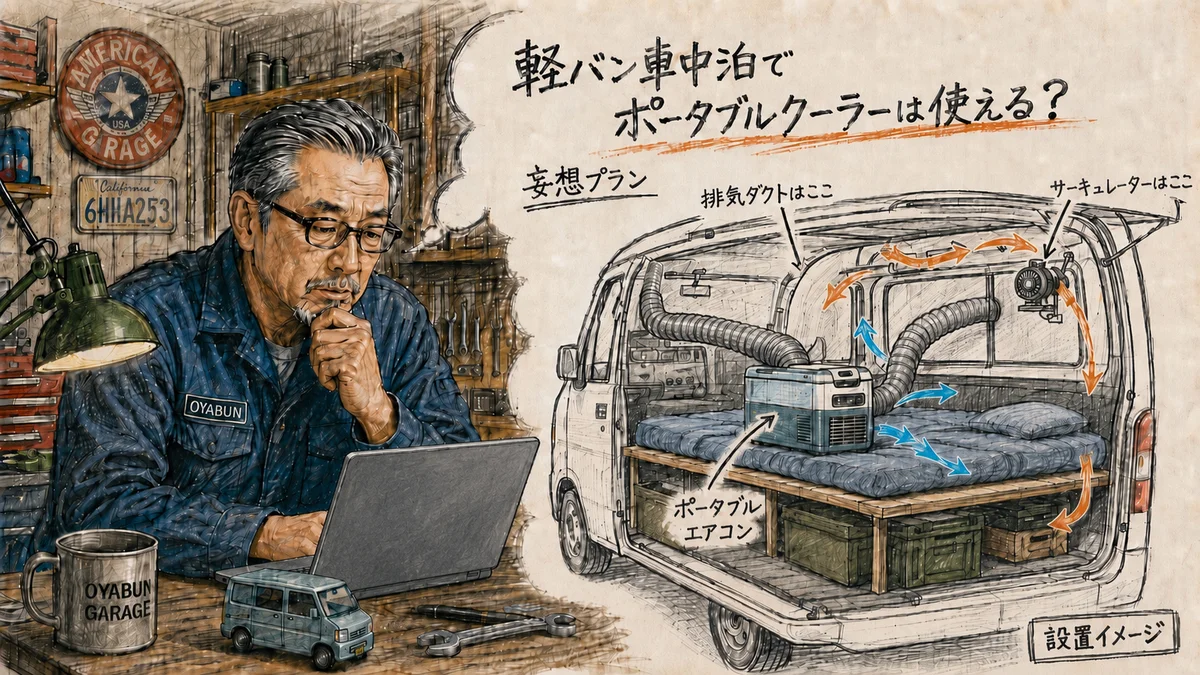 alt： 軽バン車中泊でポータブルエアコンを設置する場合のAC180運用と排熱ダクトの妄想プラン