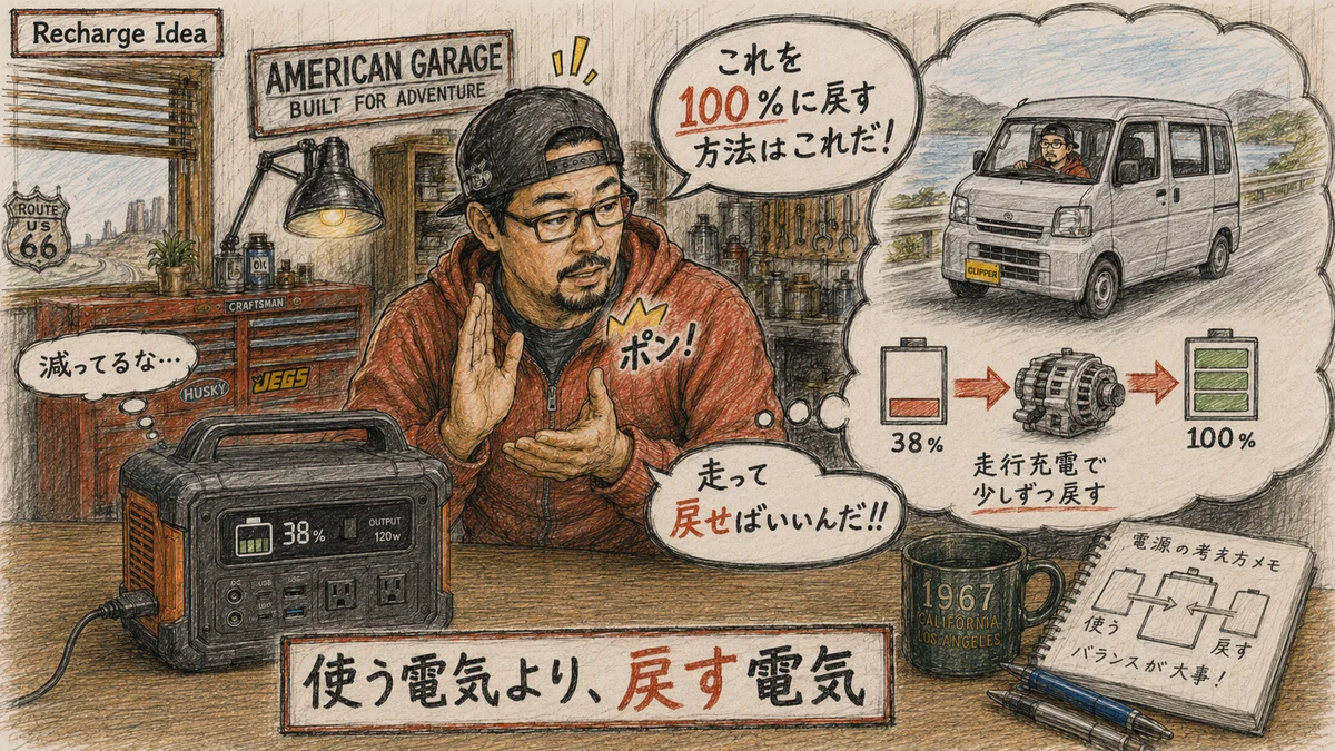減ったポータブル電源の残量を見た親分が、走行充電で少しずつ戻せばいいと気づいた瞬間を描いたアメリカンガレージ風のスケッチイラスト