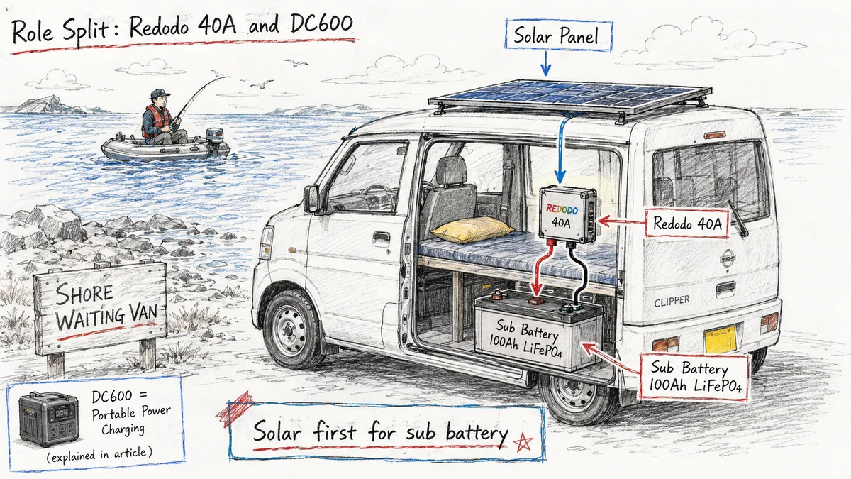 海辺でゴムボート釣りをしている親分と、岸で待機するクリッパーバンを描いたイラスト。車の屋根にはソーラーパネルがあり、車内にはRedodo 40Aと100Ahサブバッテリーが配置され、Redodo 40Aはサブバッテリーとソーラー充電中心、DC600はポータブル電源充電担当であることを示している。