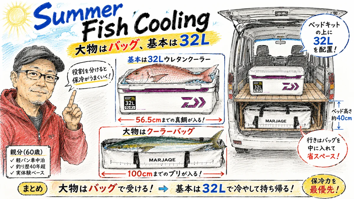32Lウレタンクーラーに鯛、フィッシュクーラーバッグにブリを入れた真夏の魚保冷アイキャッチ